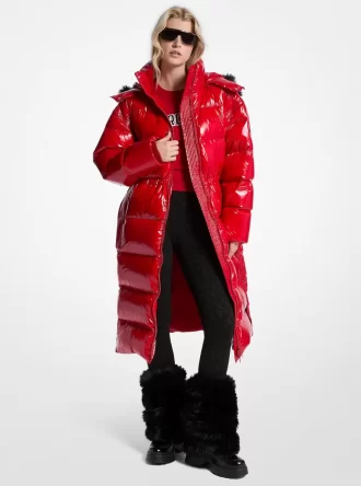 Faux Fur Trim Nylon Ciré Puffer Coat