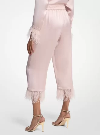 Feather Trim Satin Pajama Pants