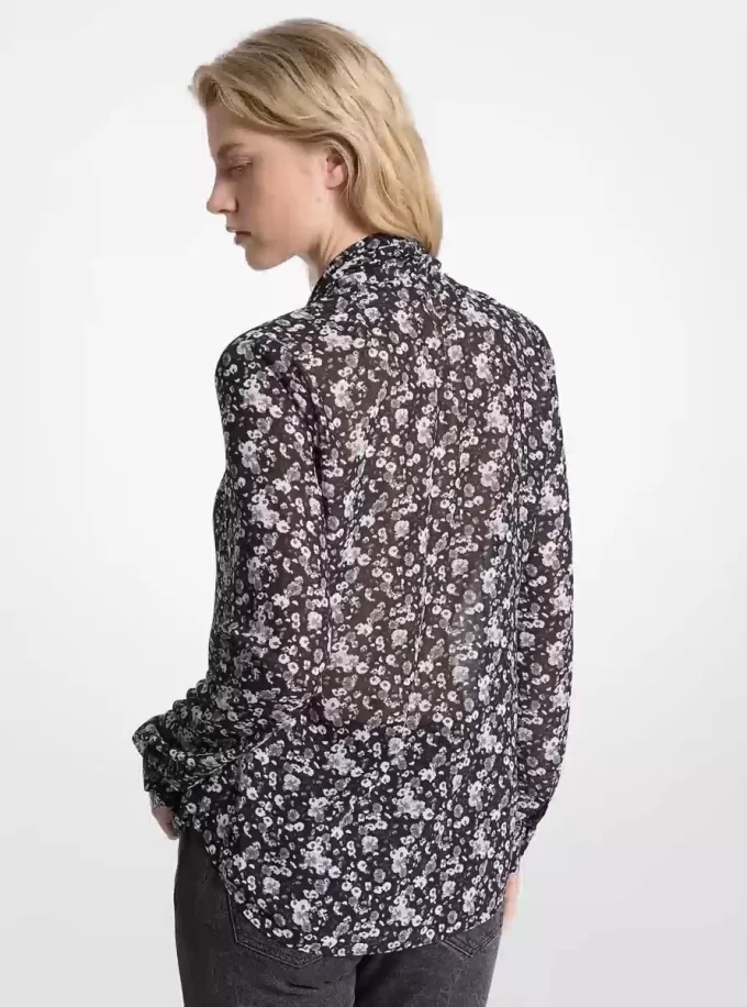 Floral Print Georgette Tie-Neck Blouse