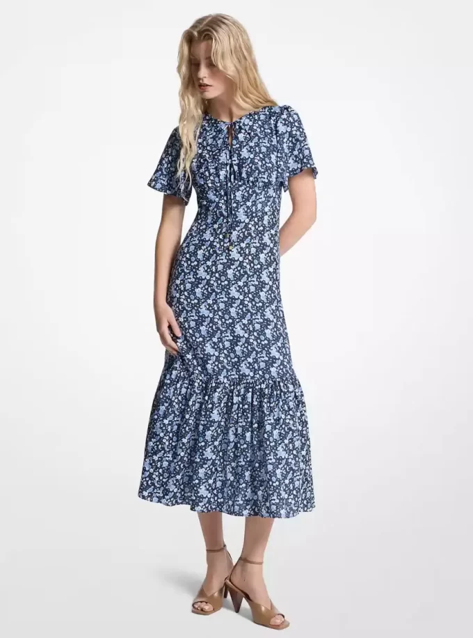 Floral Print Viscose and Silk Blend Midi Dress