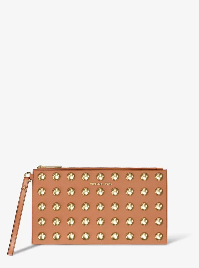 Jet Set Large Studded Pebbled Leather Wristlet