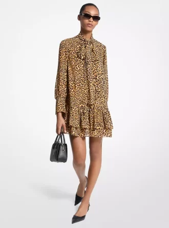 Leopard Print Georgette Tie-Neck Dress Leopard Print Georgette Tie-Neck Dress