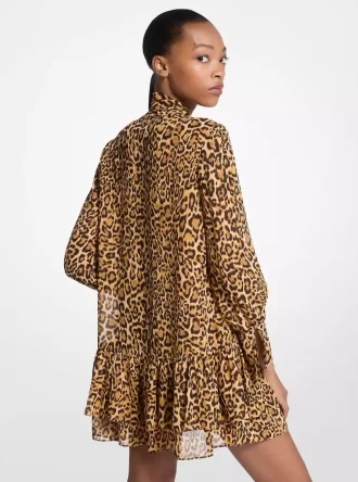 Leopard Print Georgette Tie-Neck Dress Leopard Print Georgette Tie-Neck Dress