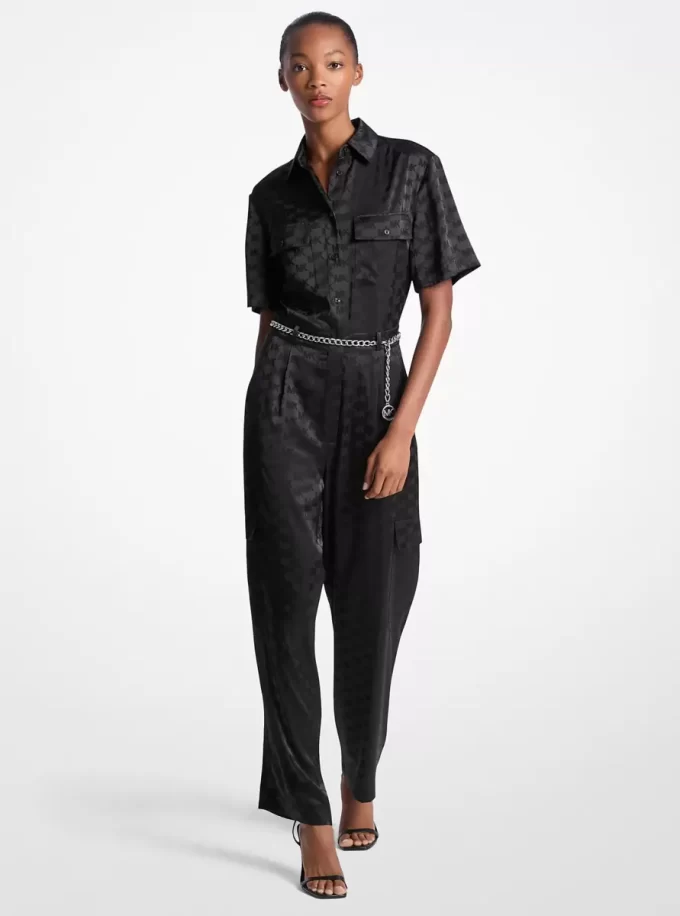 Logo Jacquard Satin Belted Jumpsuit