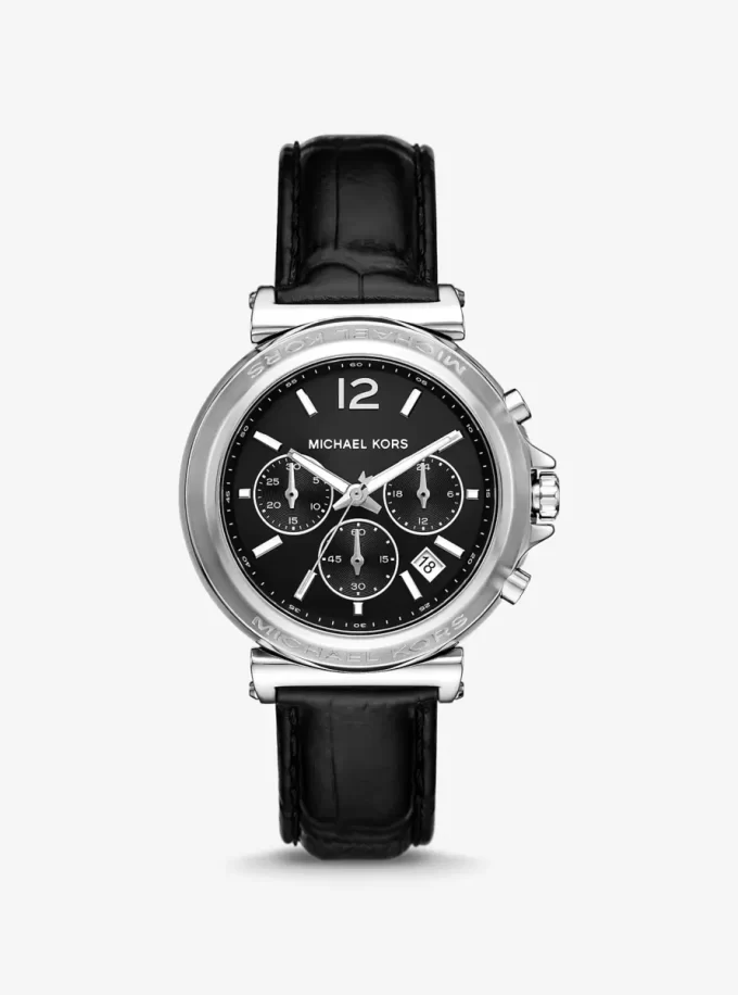 Oversized Maren Silver-Tone and Crocodile Embossed Leather Watch