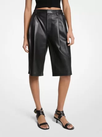 Pleated Leather Bermuda Shorts