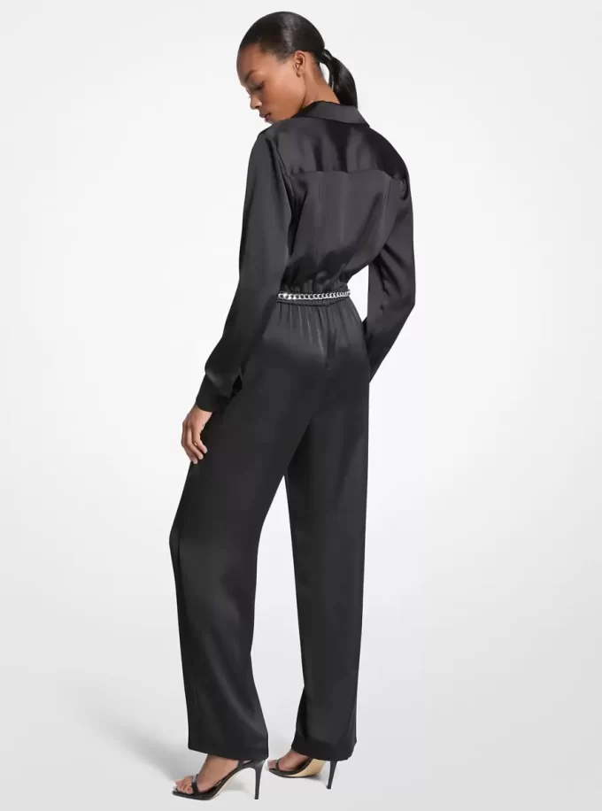 Satin Long Sleeve Belted Jumpsuit