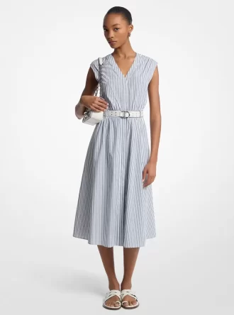 Striped Cotton Poplin Belted Midi Dress