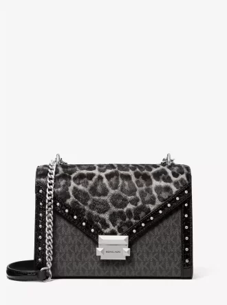 Whitney Medium Signature Logo and Leopard Print Calf Hair Shoulder Bag