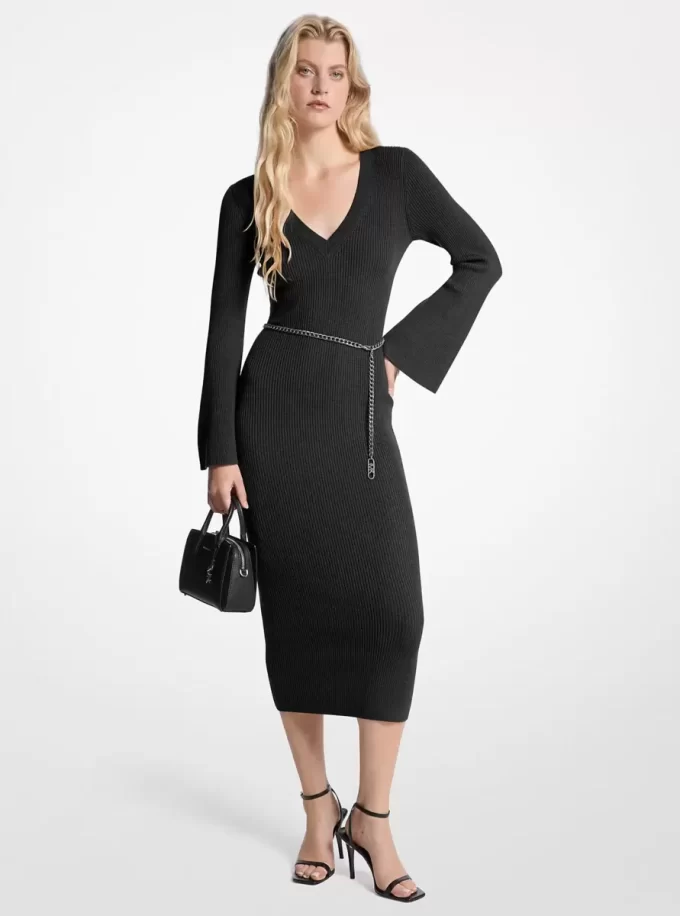 Wool Blend Belted Midi Dress